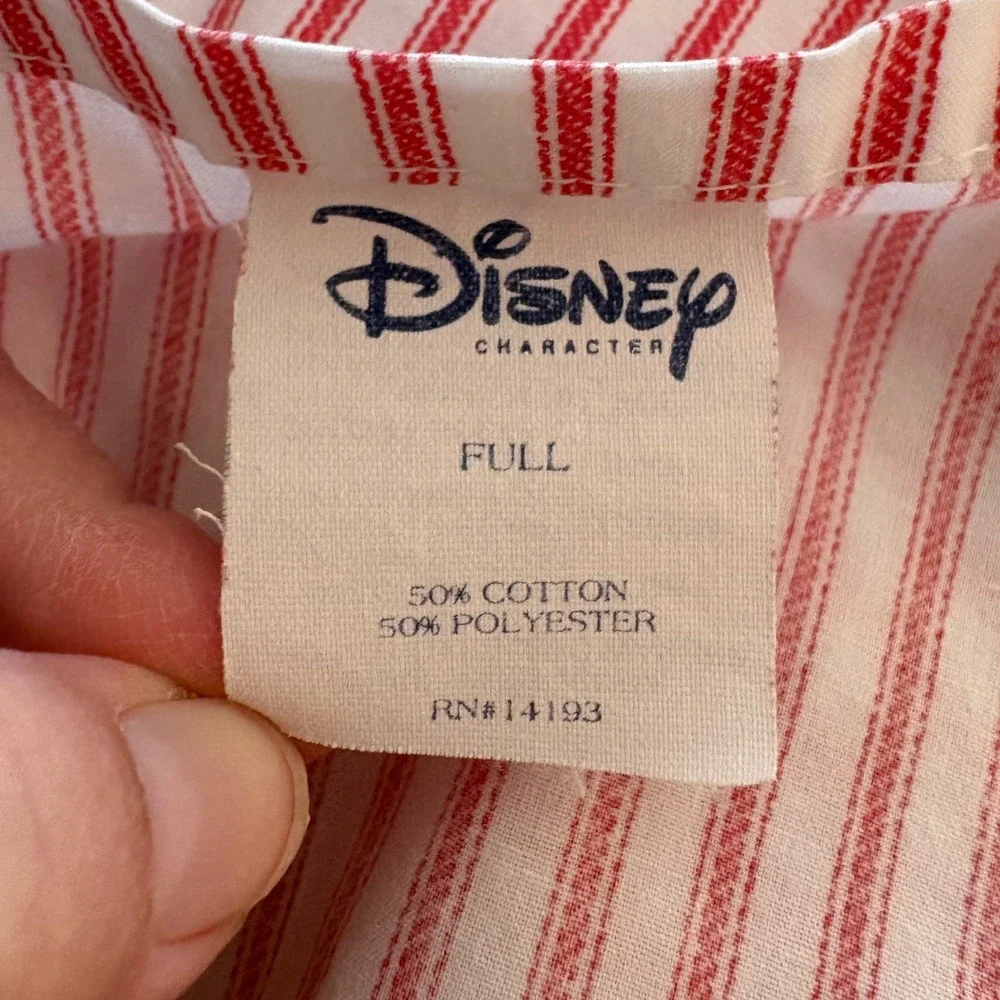 Vtg Disney‎ Mickey Bedding Flat Sheet Full Red White Ticking Stripe Cottage USA